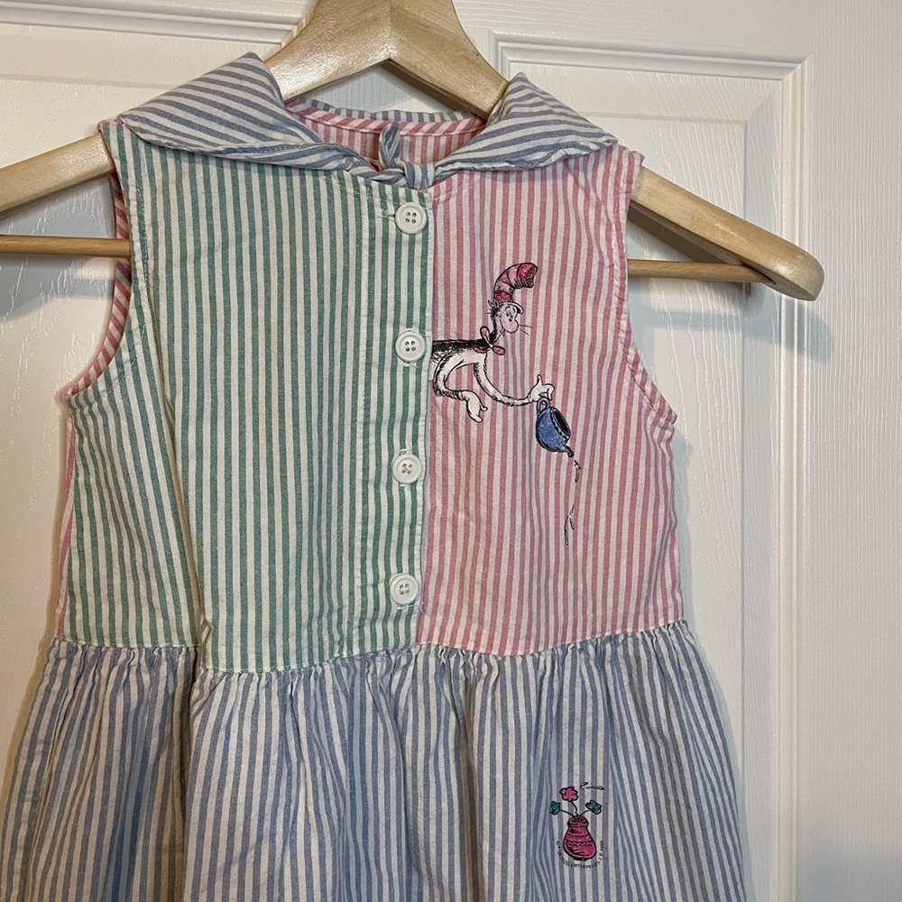 VTG 1994 Dr Seuss Cat in the Hat striped toddler dress sz L - Picture 5 of 8